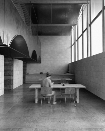 Image may contain: Floor, Monochrome photography, Ceiling, Monochrome, Grey.