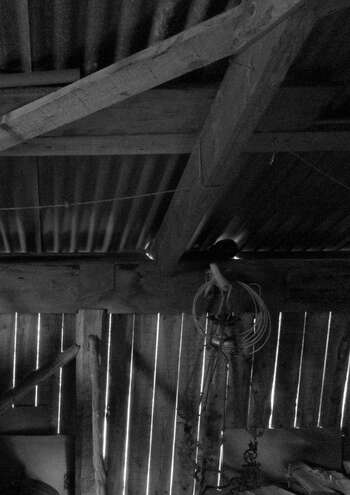 Image may contain: Photograph, Wood, Ceiling, Monochrome photography, Monochrome.