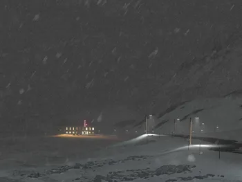 Image may contain: Night, Winter, Midnight, Precipitation, Snow.