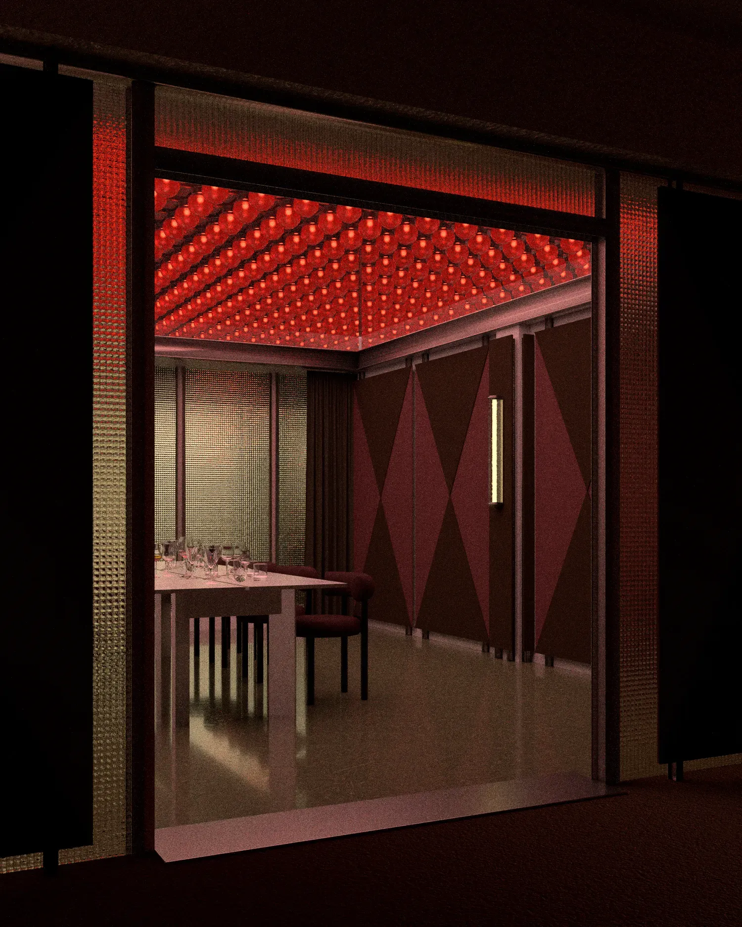 Image may contain: Red, Ceiling, Interior design, Symmetry, Light fixture.
