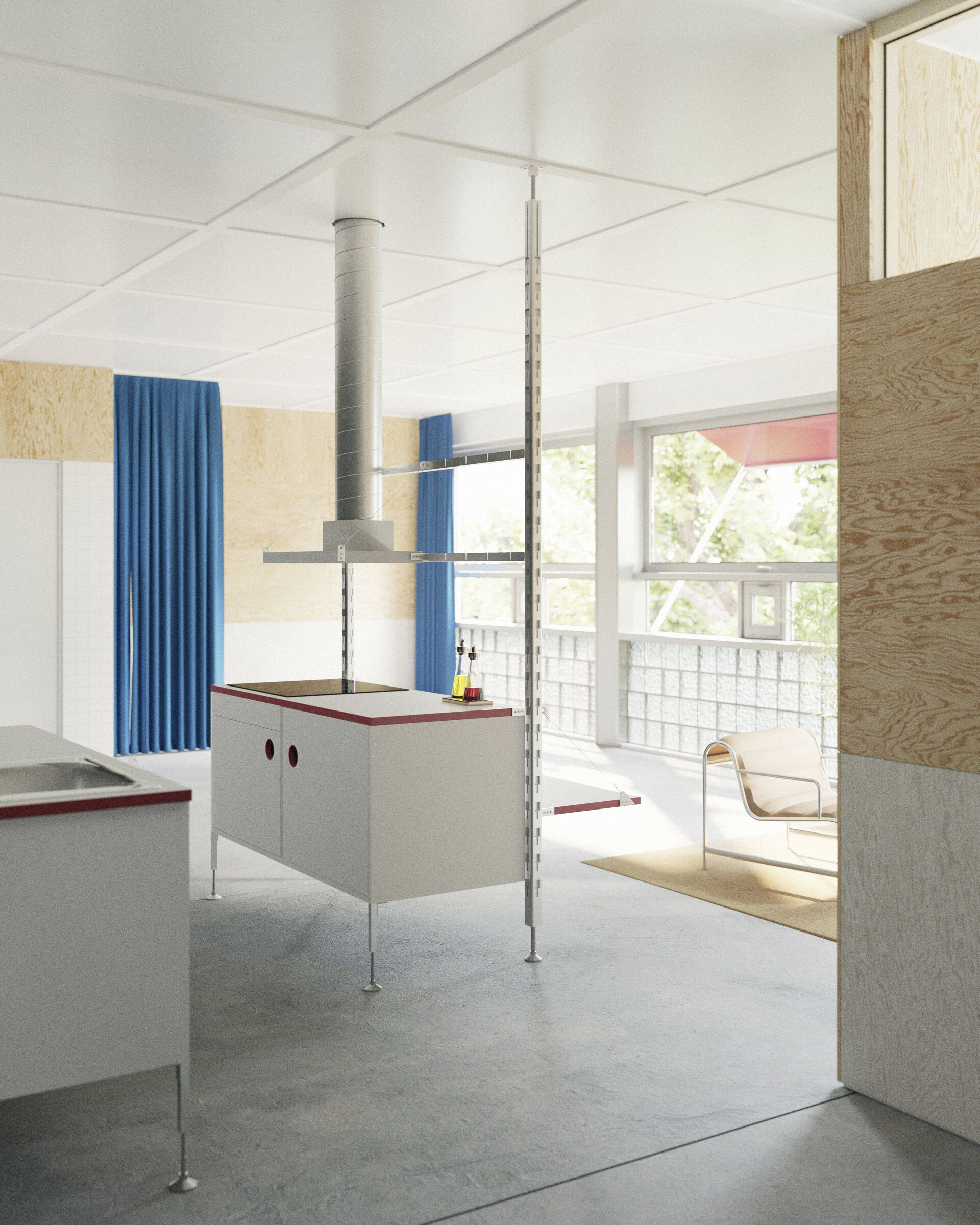 Bildet kan inneholde: gulvbelegg, gulv, interiørdesign, komposittmateriale, tak, modulær møblering, modular furniture, transformation, transformasjon, glass brick, false ceiling