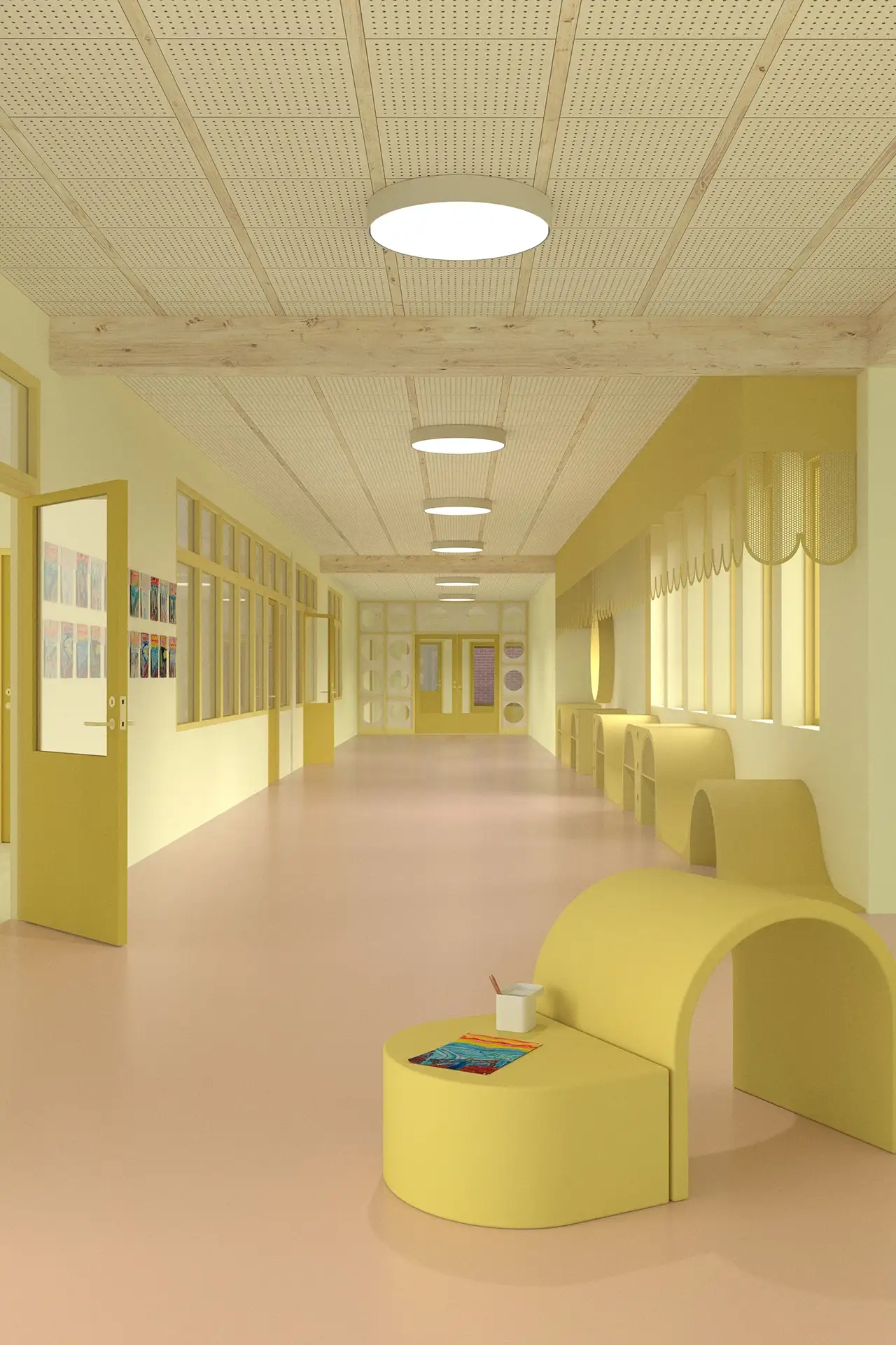 Interior render of 1st year streetspace with niches and movable furniture for shelter and play
