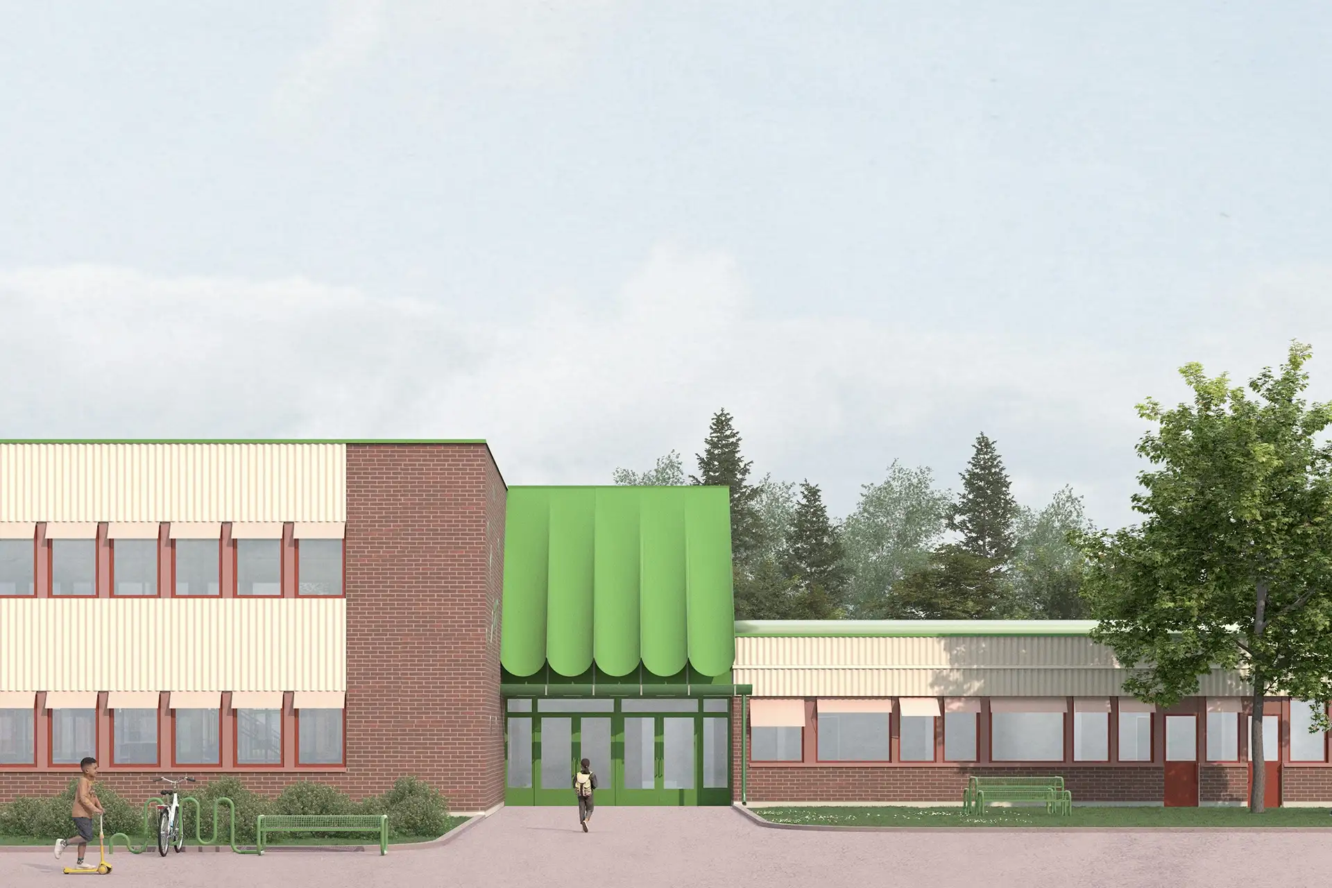 Exterior render showing the refurbished main entrance 