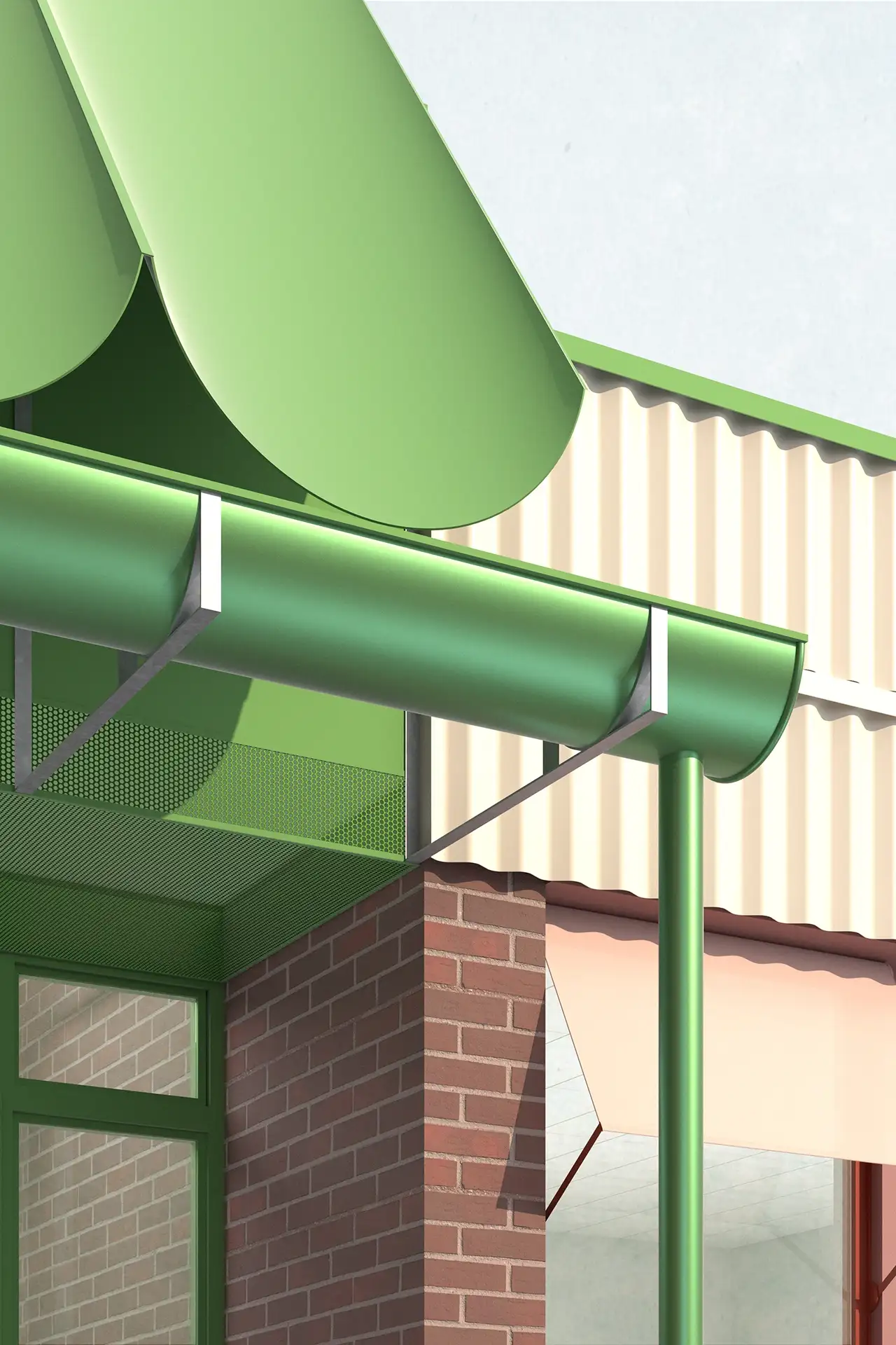 Exterior close up render of the main entrance
