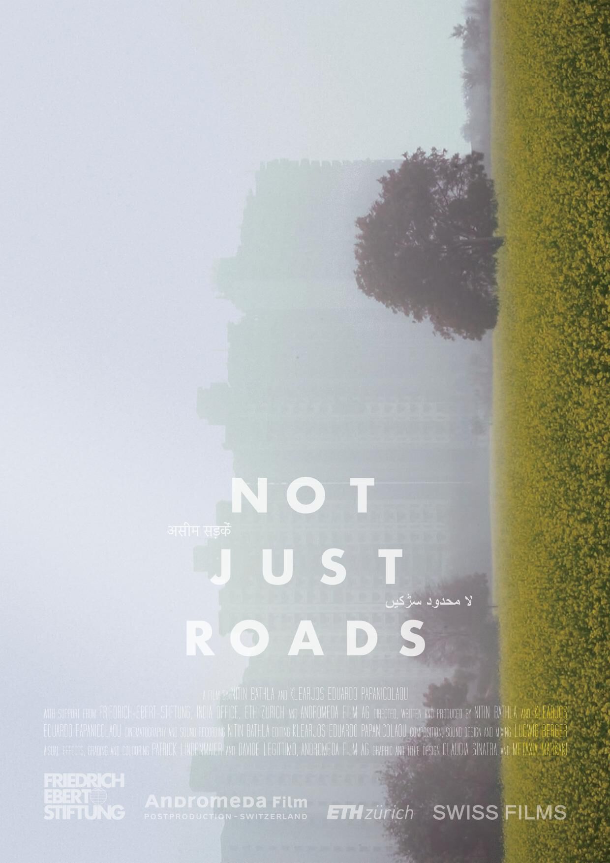 Poster with the text “Not Just Roads” over an image of a meadow and buildings.