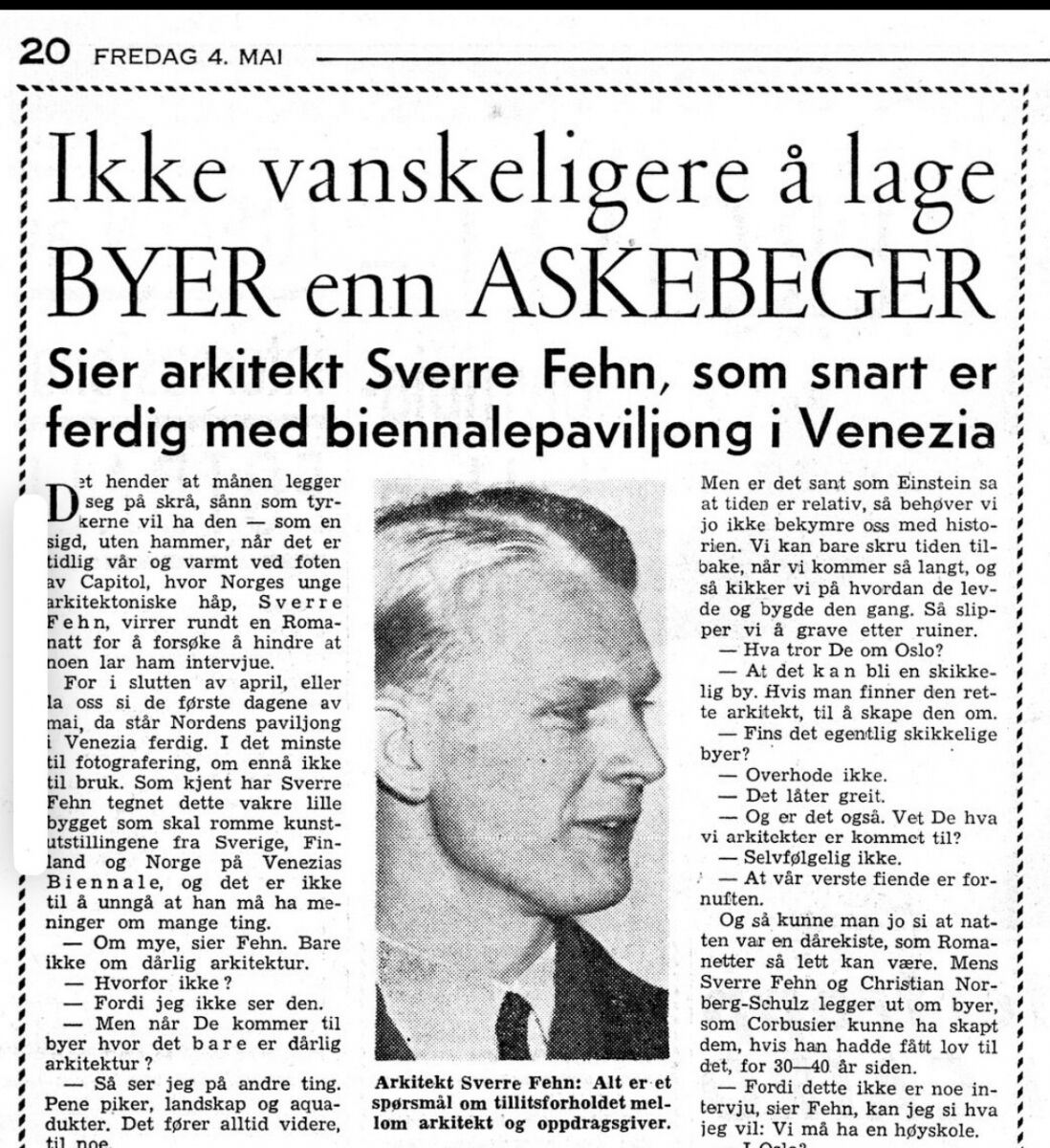 Avisartikkel om Sverre Fehn