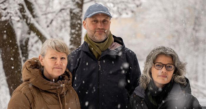 Tre personer i snøvær